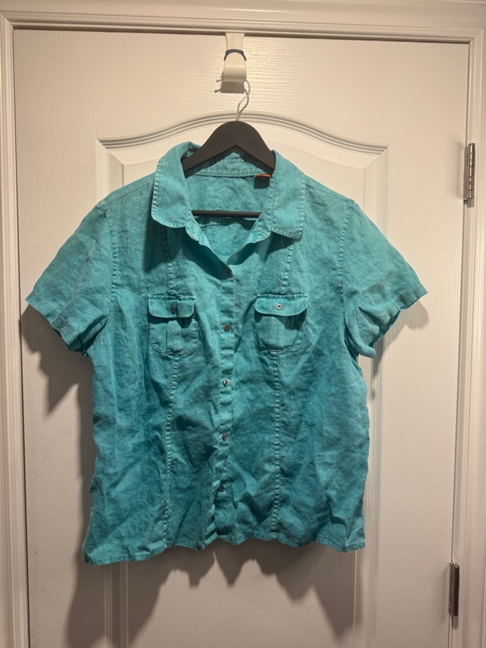601-Tommy Bahama 100% Linen Shirt Women's Short Sleeve Teal Resort Wear